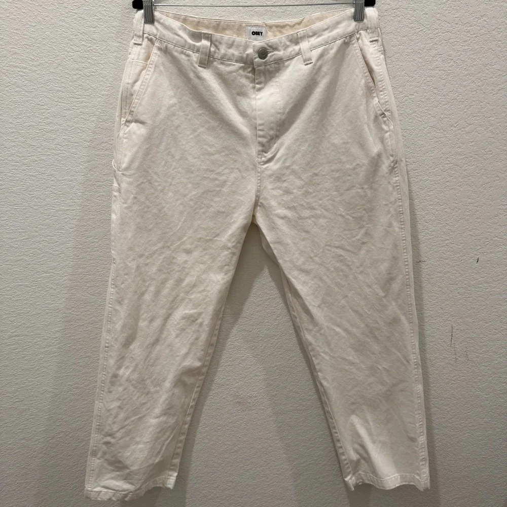 Obey Mens Carpenter Pants Off White Cream Cotton Canvas Workwear Size 34